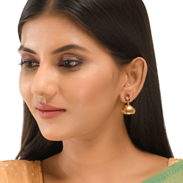 Women's Cz Traditional Gold Plated Red Jhumka Earrings - Voylla