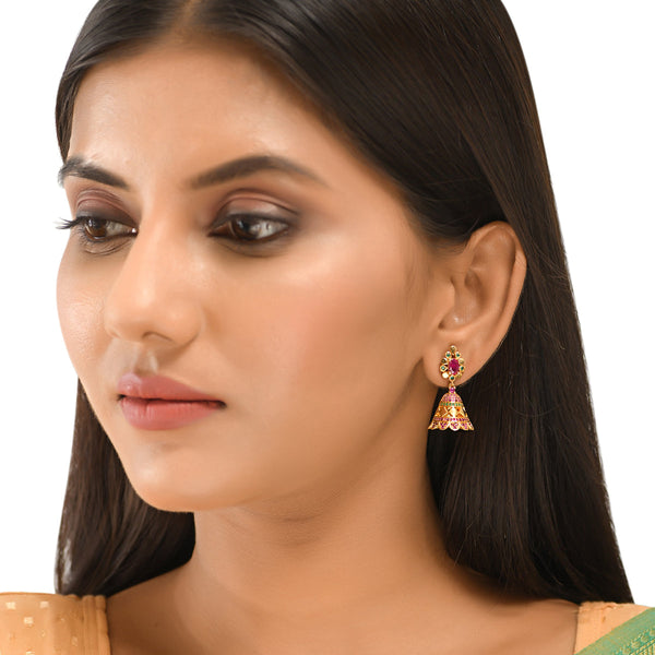 Women's Cz Traditional Gold Plated Red & Green Jhumka Earrings - Voylla