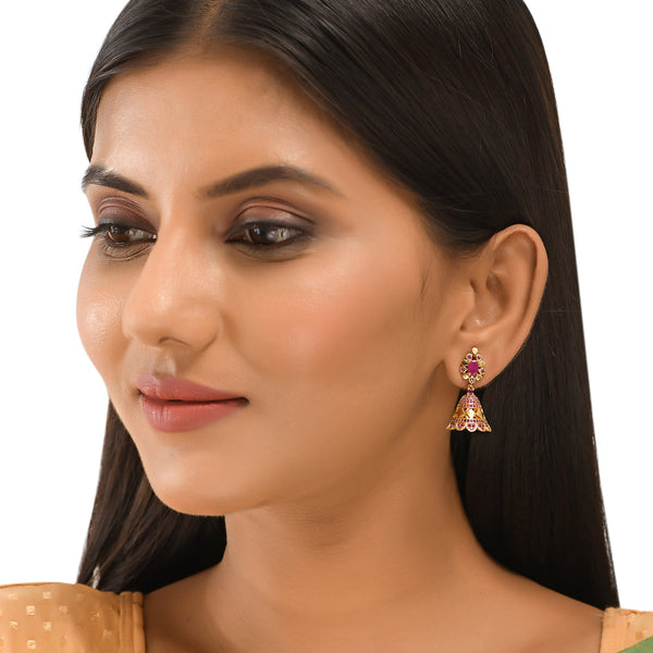 Women's Cz Traditional Gold Plated Red Jhumka Earrings - Voylla