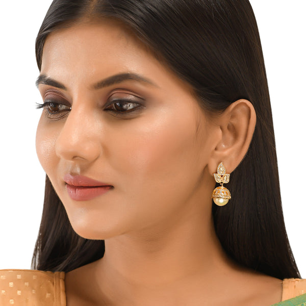 Women's Cz Traditional Gold Plated White Jhumka Earrings - Voylla