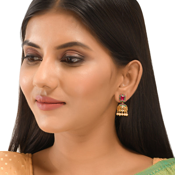 Women's Cz Traditional Gold Plated Red & Green Jhumka Earrings - Voylla