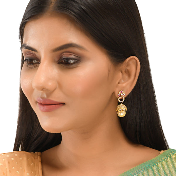 Women's Cz Traditional Gold Plated Red & White Jhumka Earrings - Voylla