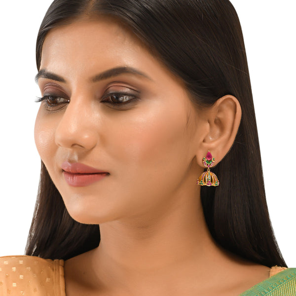 Women's Cz Traditional Gold Plated Red & Green Jhumka Earrings - Voylla