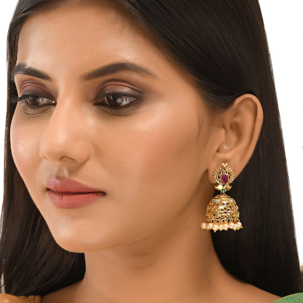 Women's Cz Traditional Gold Plated Red & Green Jhumka Earrings - Voylla