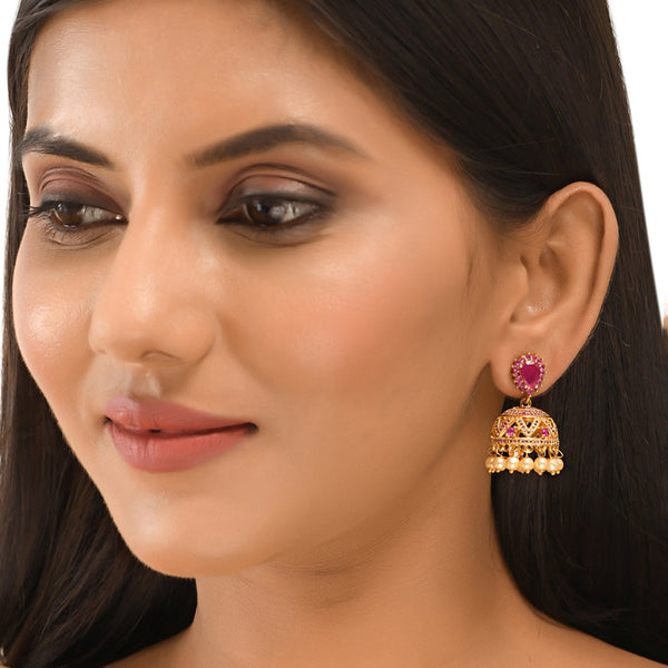 Women's Cz Traditional Gold Plated Red Jhumka Earrings - Voylla