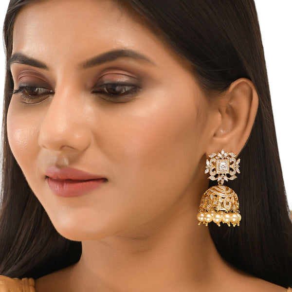 Women's Cz Traditional Gold Plated White Jhumka Earrings - Voylla