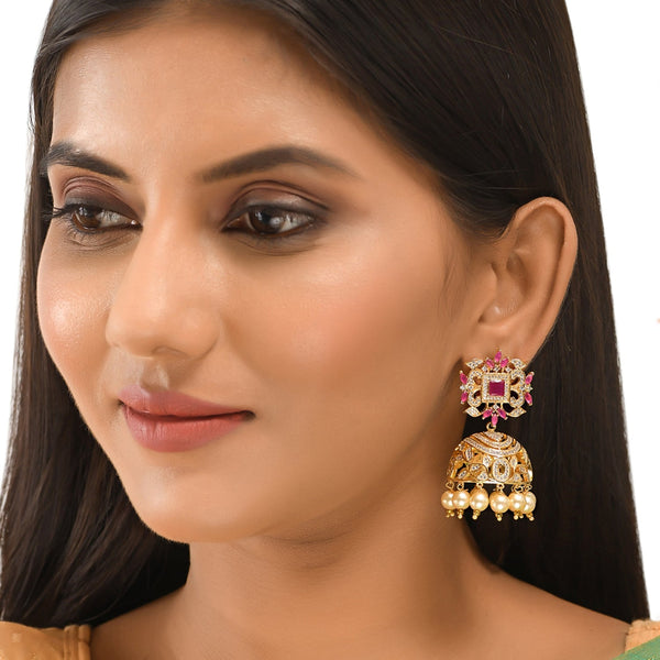 Women's Cz Traditional Gold Plated Red & White Jhumka Earrings - Voylla