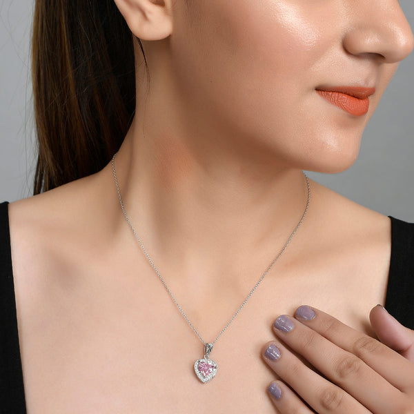 Women's Heart Pink And Silver Cz Pendant - Voylla