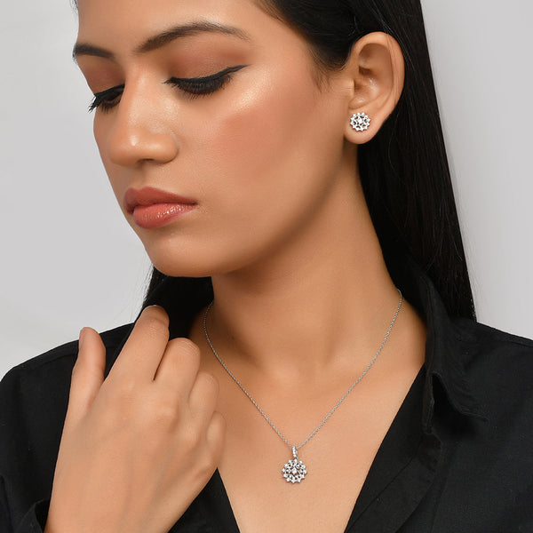 Women's Sterling Silver Round Cut Zircons Cocktail Pendant Set - Voylla