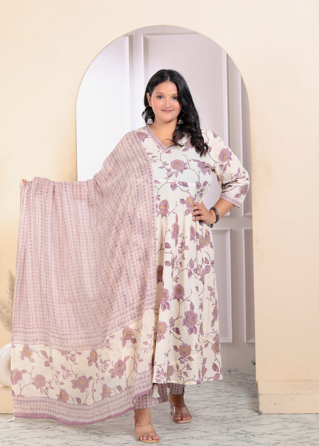 Women's Plus Size Floral Pink Anarkali Kurta With Palazzo And Dupatta Set - Miravan