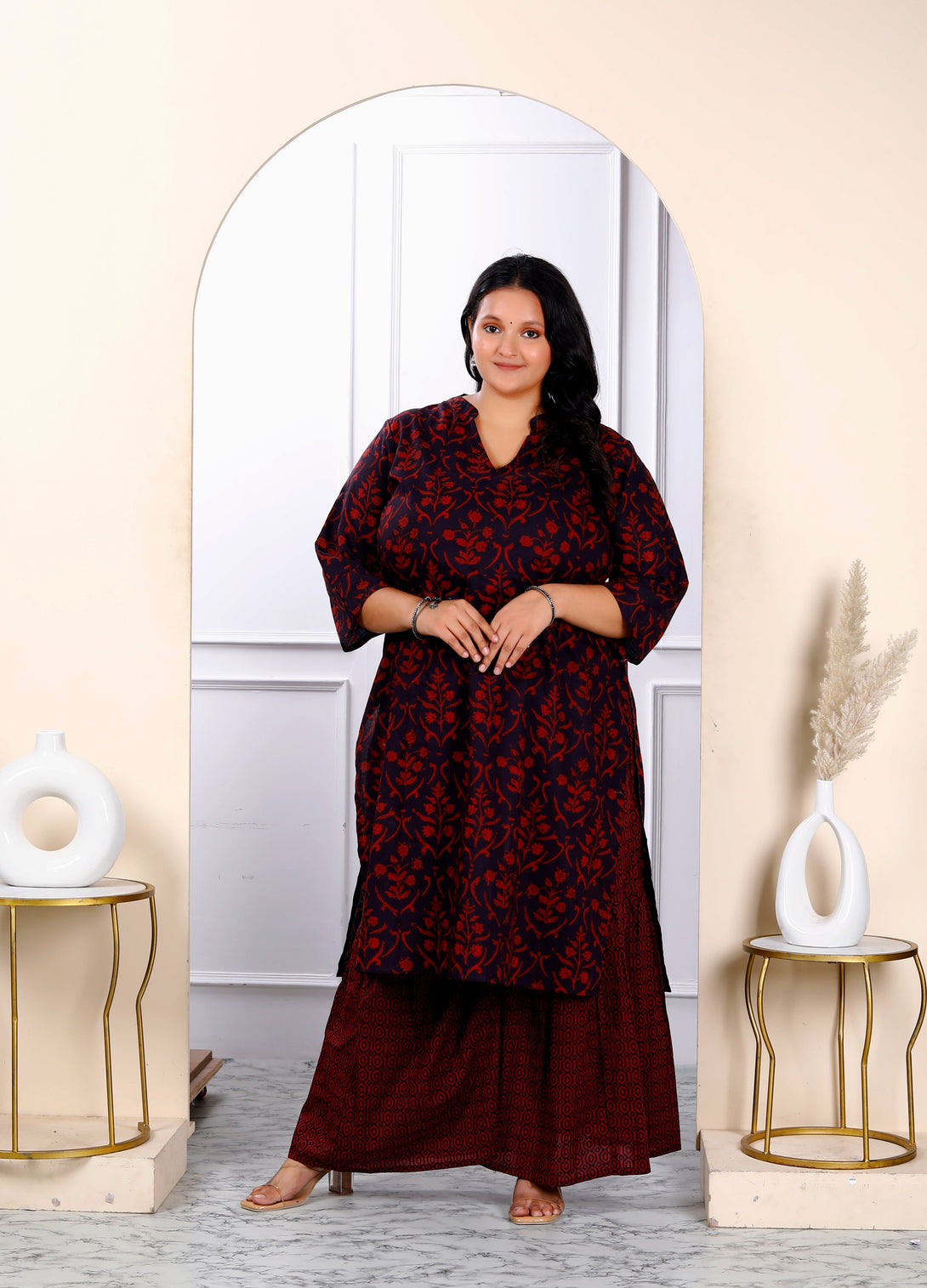 Women's Plus Size Cotton Floral Printed Straight Kurta And Sharara Set - Miravan