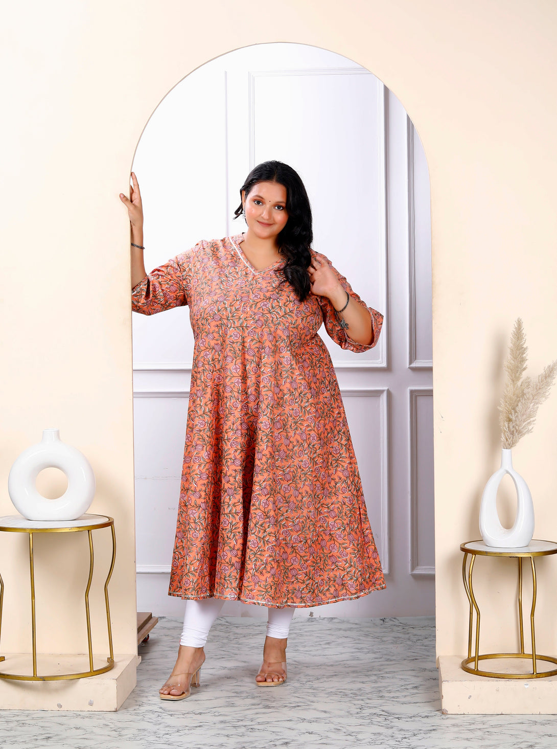 Women's Plus Size Orange Cotton Floral And Gota Patti Details Party Wear Anarkali Kurta - Miravan