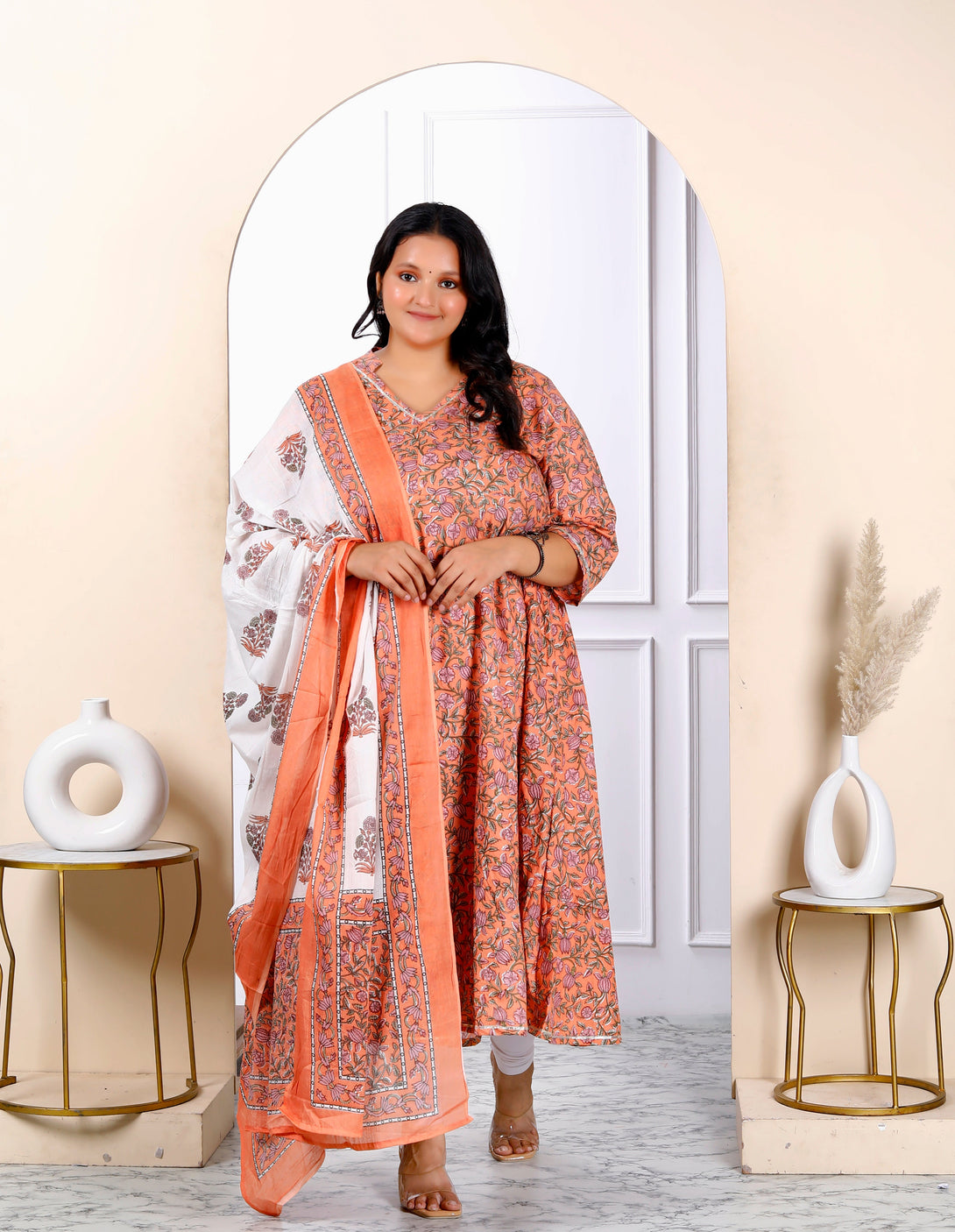 Women's Plus Size Surpassing Orange Colored Partywear Floral Printed Cotton Kurta Dupatta Set - Miravan