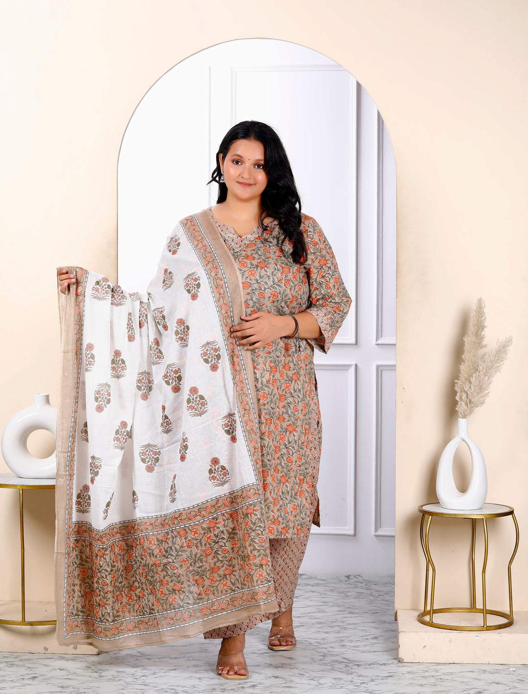 Women's Plus Size Keyhole Neck Brown Printed Pure Cotton Straight Kurta And Palazzo With Dupatta Set - Miravan