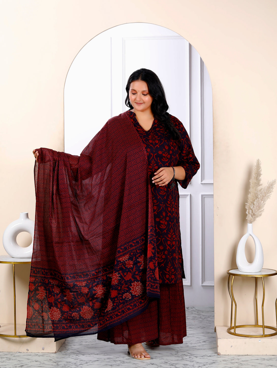 Women's Plus Size Cotton Floral Printed Straight Kurta Sharara And Dupatta Set - Miravan