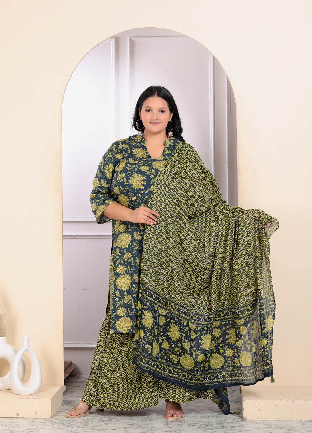 Women's Plus Size Green Cotton Floral Printed Kurta With Sharara And Dupatta - Miravan