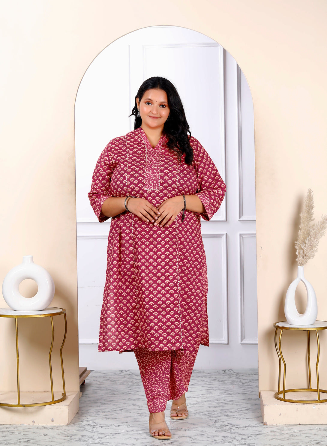 Women's Plus Size Floral Printed Charming Pink Straight Kurta With Palazzo Set - Miravan