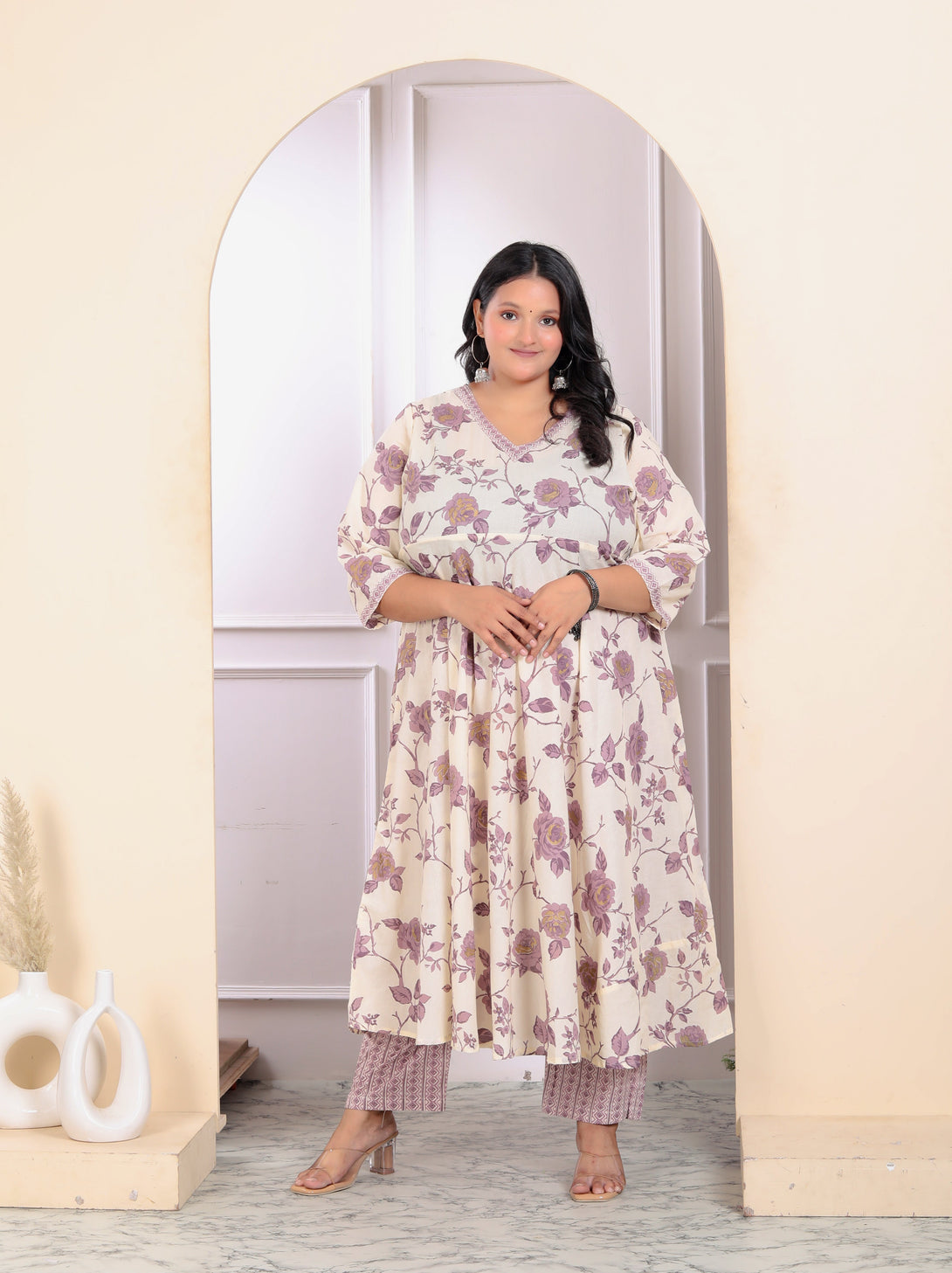 Women's Plus Size Pink Floral Printed V Neck Anarkali Kurta And Palazzo Set - Miravan