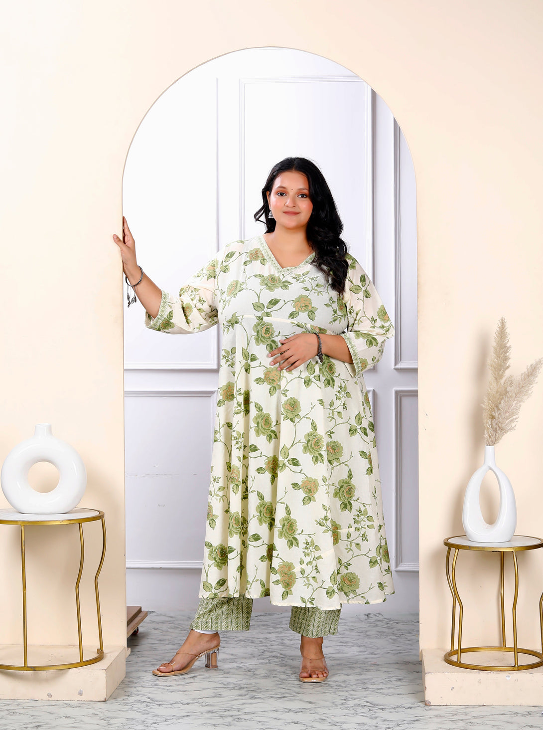 Women's Plus Size Cotton Floral Print Green Anarkali Kurta And Palazzo Set - Miravan