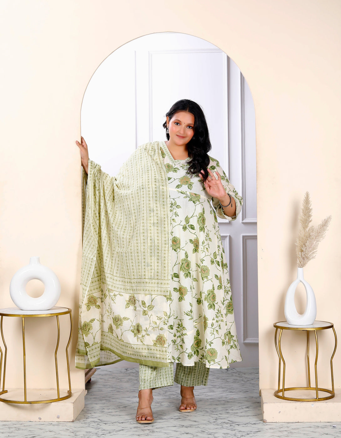 Women's Plus Size Attractive Floral Print Cotton Green Anarkali Kurta Palazzo And Dupatta Set - Miravan