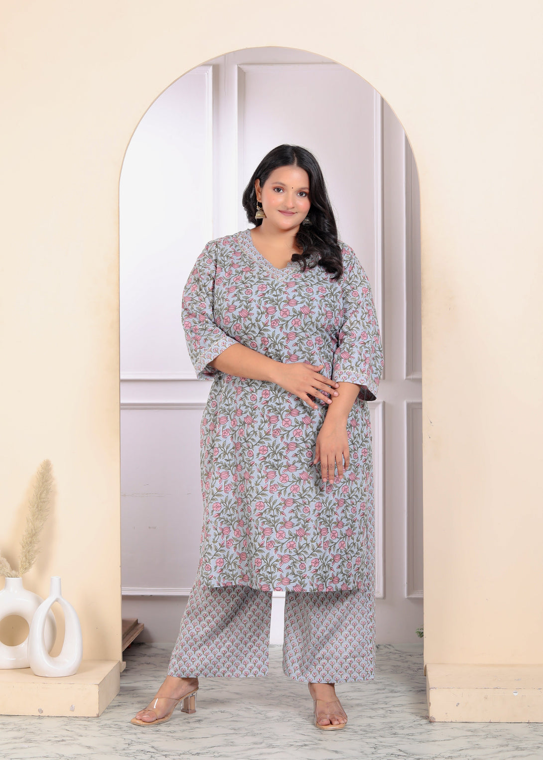 Women's Plus Size Blue Cotton Office Wear Floral Printed Kurta Palazzo Set  - Miravan