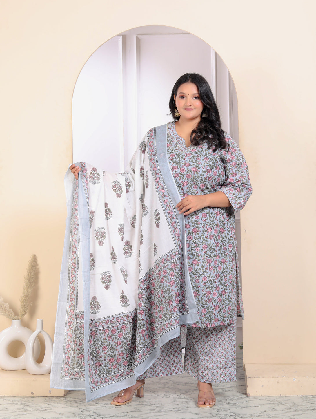 Women's Plus Size Pure Cotton Traditional Straight Kurta With Palazzo And Dupatta Set - Miravan