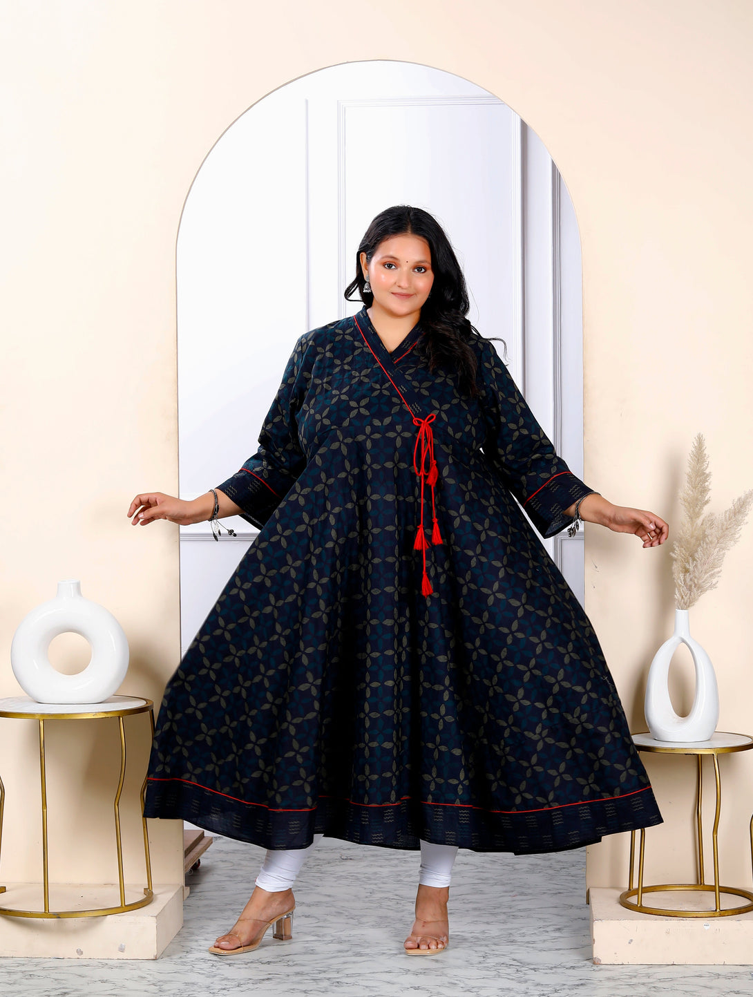 Women's Plus Size Navy Blue Abstract Printed Angrakha Style Anarkali Kurta聽 - Miravan