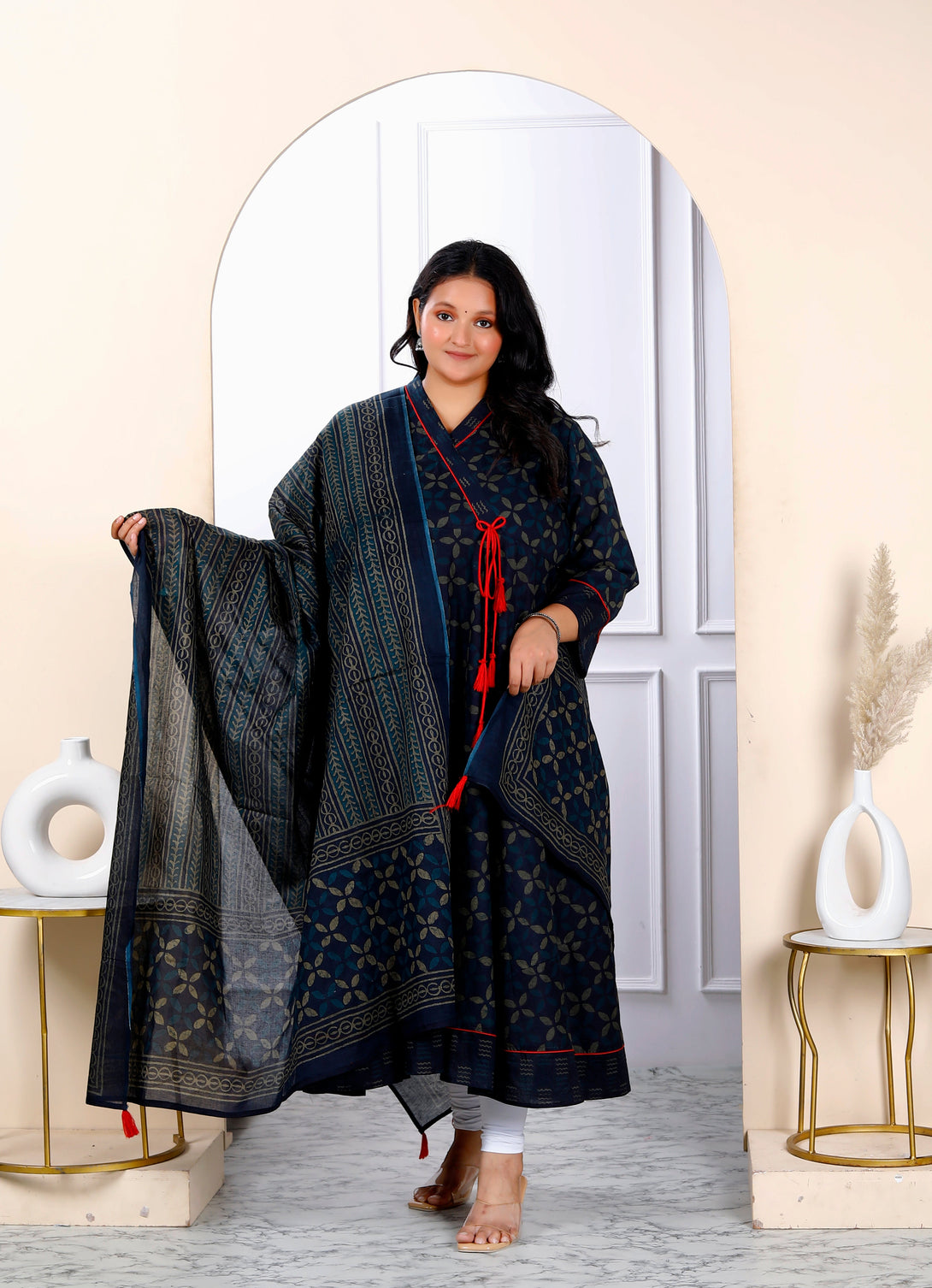 Women's Navy Blue Plus Size V Neck Abstract Printed Tassel Angrakha Kurta And Dupatta - Miravan