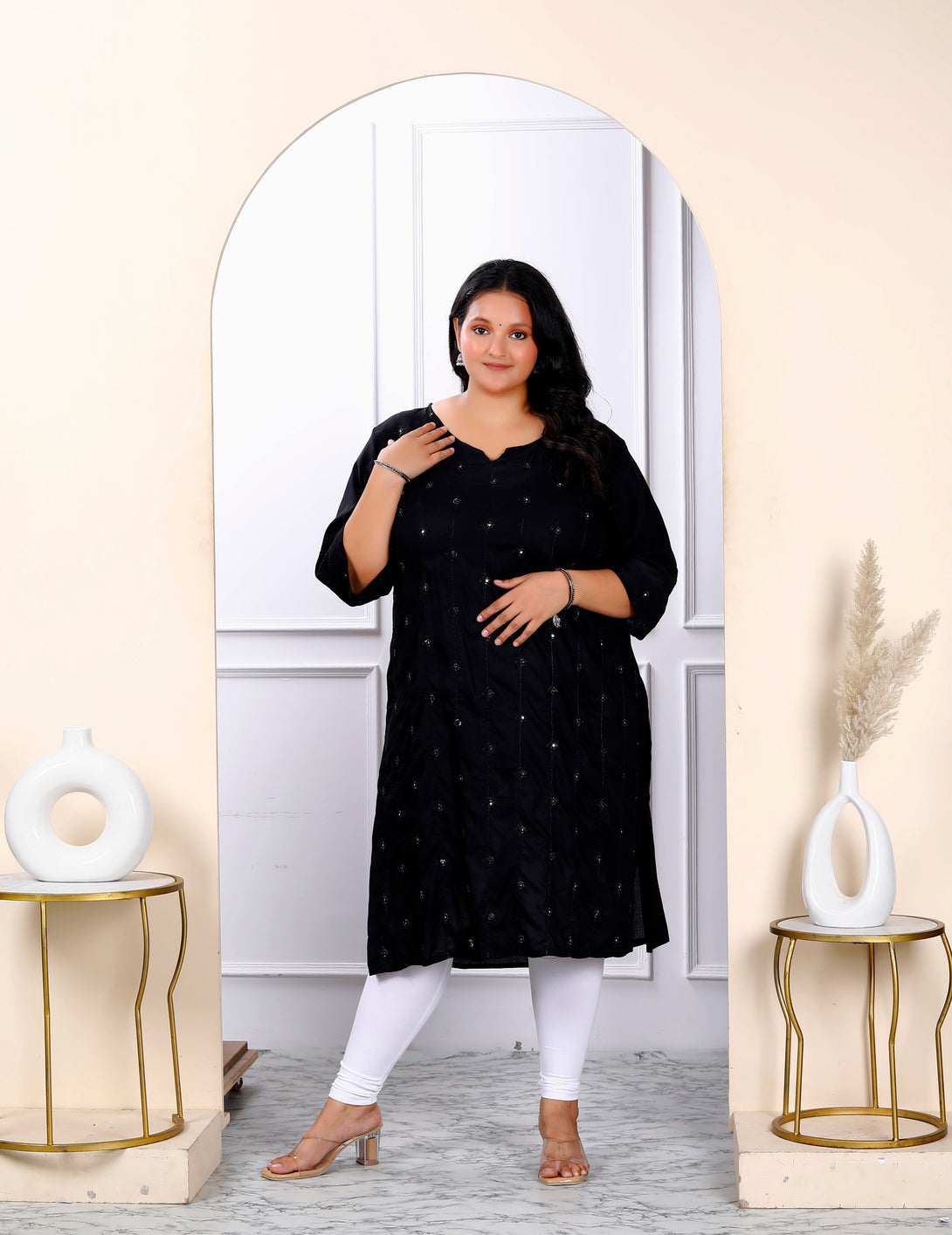 Women's Plus Size Black Embroidered And Mirror Work Straight Kurti - Miravan