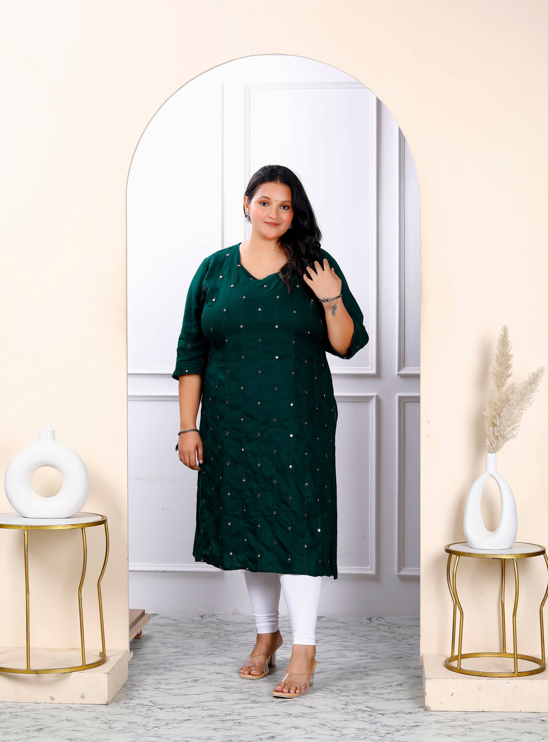 Women's Plus Size Green Embroidered And Mirror Work Straight Kurti - Miravan