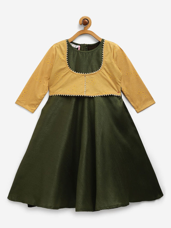 Green Poly Silk Solid Girls Dress With Printed Jacket