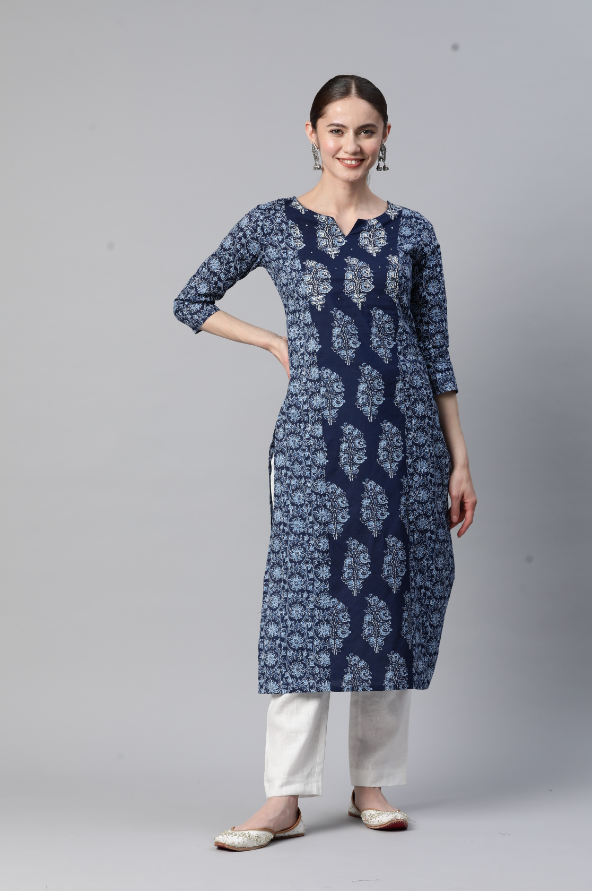 Women's Print & Hand Work Straight Cotton Blue Stitched Kurta - Vbuyz