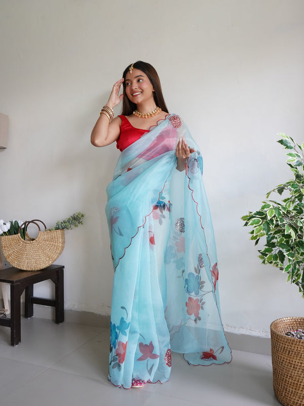 Women's Skyblue Gotta Patti Work Saree - VAMSEE