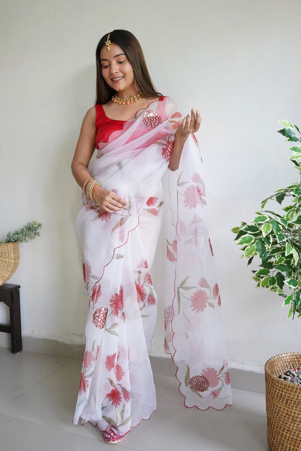 Women's White Gotta Patti Work Saree - VAMSEE