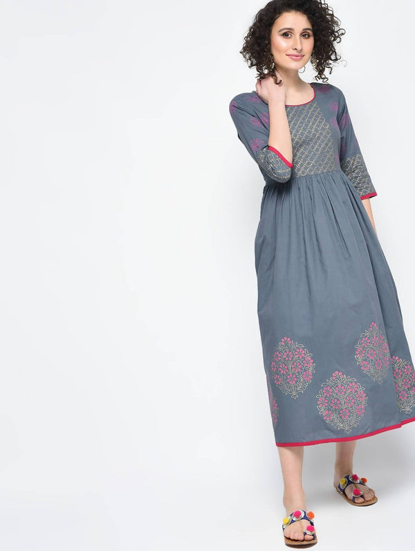 Women's Gray Hand Block Print Anarkali Kurta Only - Cheera