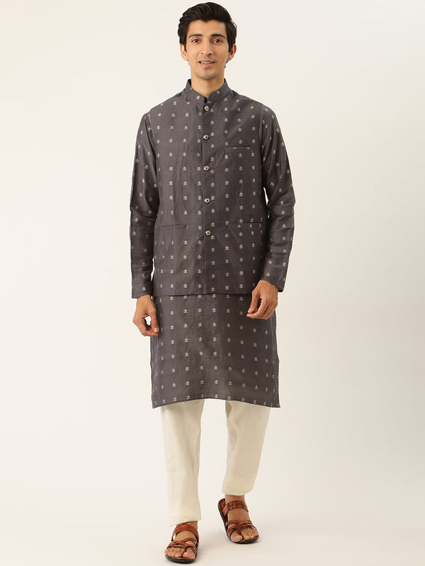 Sojanya Men's Silk Silk Blend Grey Kurta & Nehrujacket With White Pyjama Combo - Sojanya