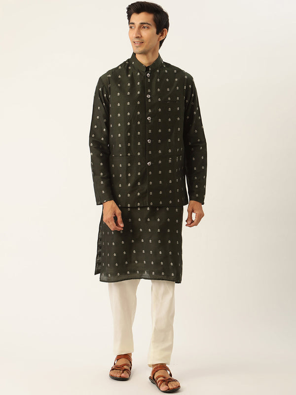 Sojanya Men's Silk Silk Blend Darkgreen Kurta & Nehrujacket With White Pyjama Combo - Sojanya