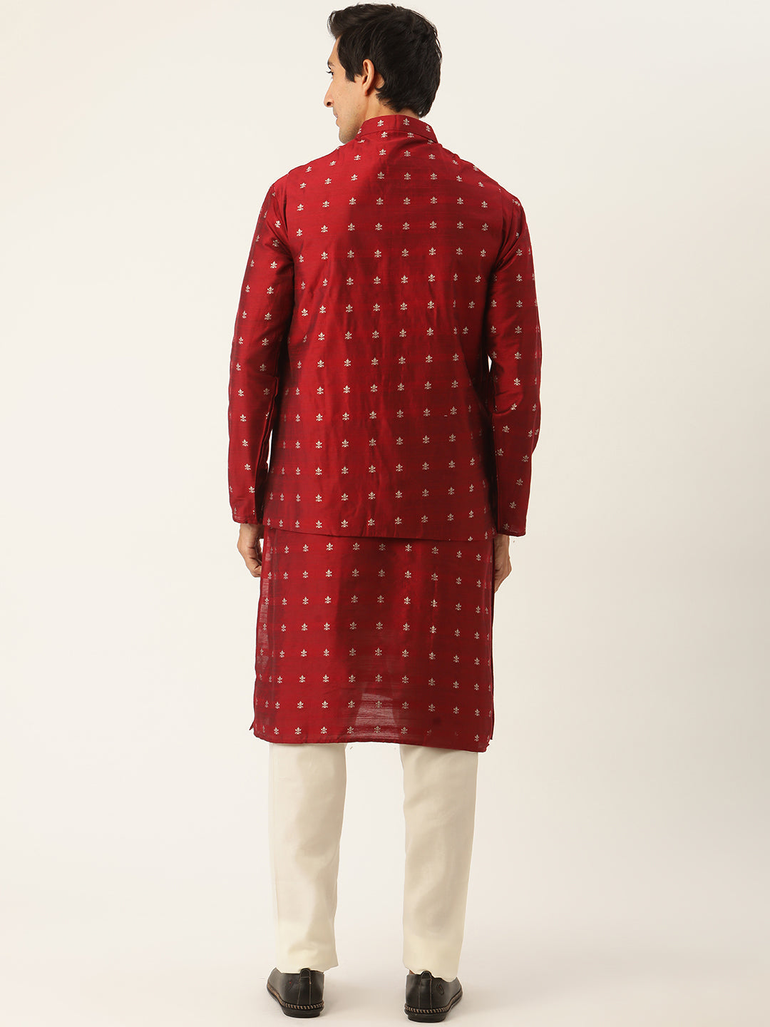 Sojanya Men's Silk Silk Blend Maroon Kurta & Nehrujacket With White Pyjama Combo - Sojanya