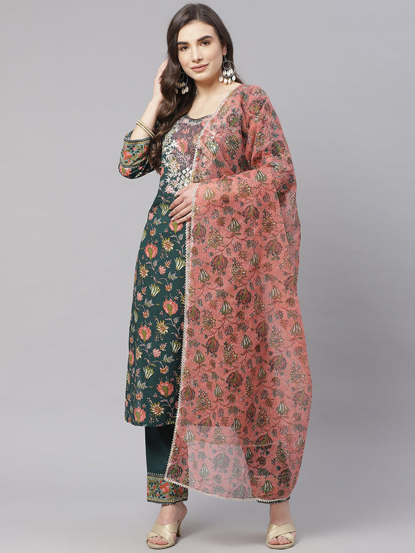 Women's Green Floral Printed Kurta Pant Set With Dupatta - Noz2Toz