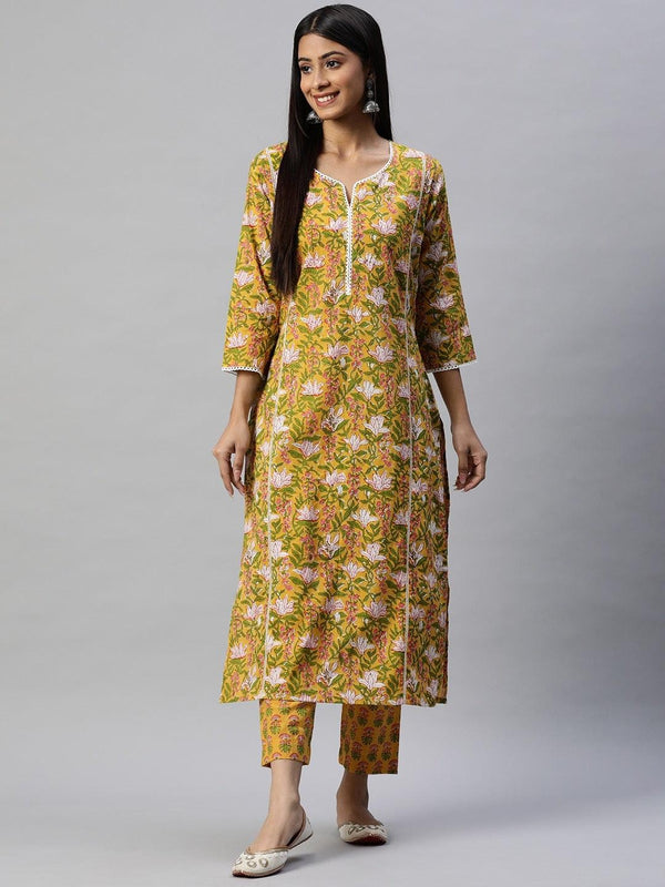 Women's Yellow Floral Printed Straight Kurta Pant Sets - Taantav