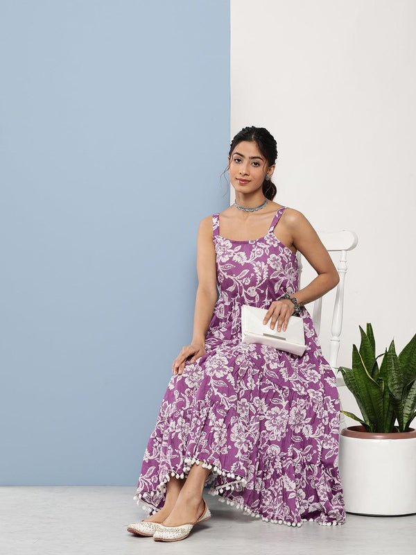 Women's Purple Floral Shoulder Strip Long Dress - Taantav