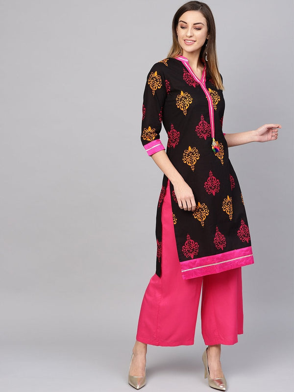 Women's Printed Black Cotton Kurti  - Wahenoor