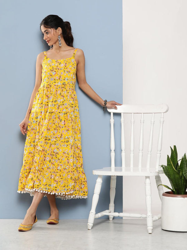 Women's Yellow Floral Shoulder Strip Long Dress - Taantav