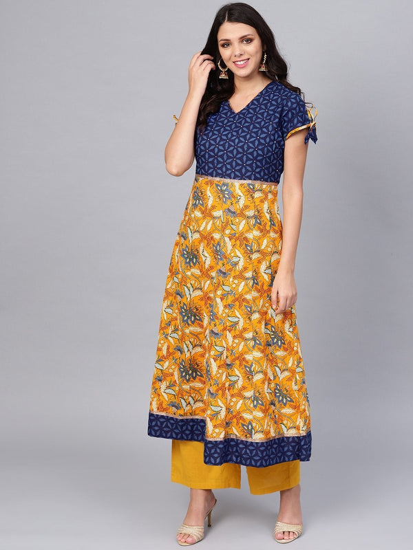 Women's Gorgeous Blue And Mustard Anarkali - Divena