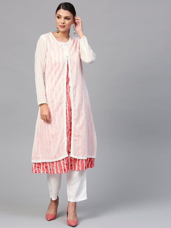 Women's White Striped Kurta With Muslin Jacket - Noz2Toz