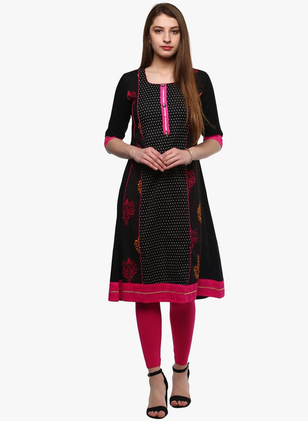 Women's Black Printed A-Line Rayon And Cotton Kurta - Noz2Toz