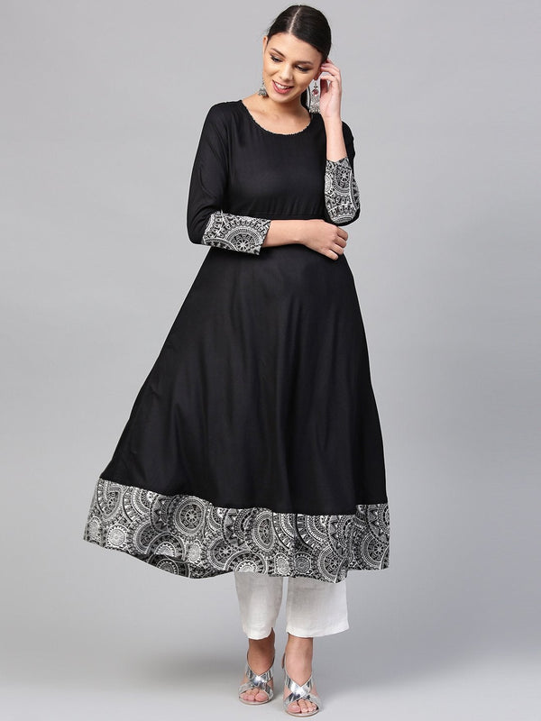 Women's Black Rayon A-Line Kurti  - Wahenoor