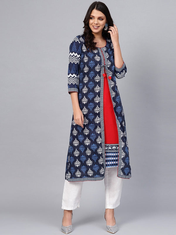 Women's Blue Cotton & Rayon A-line Kurti - Divena