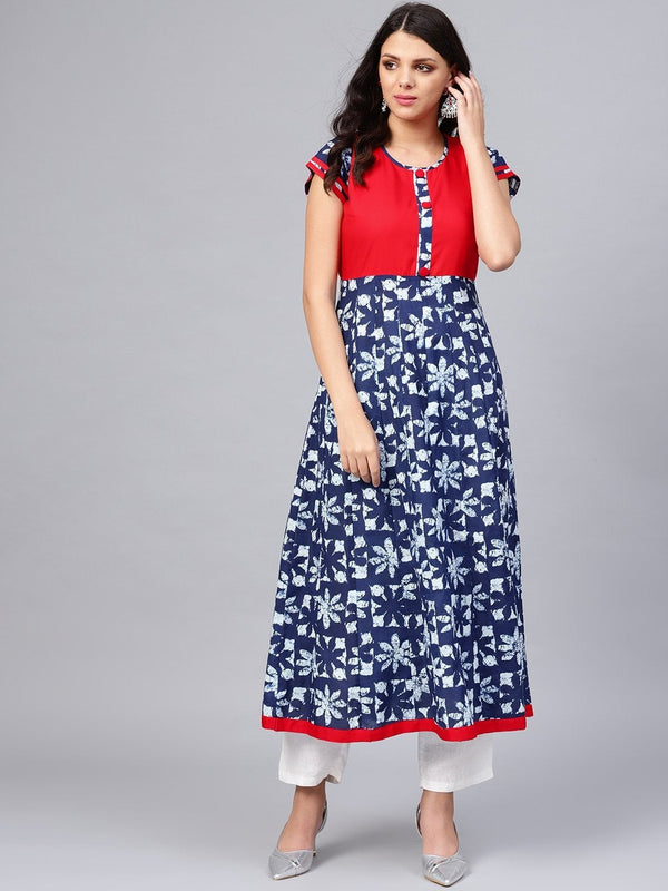 Women's Indigo Blue Printed Cotton Anarkali  - Wahenoor