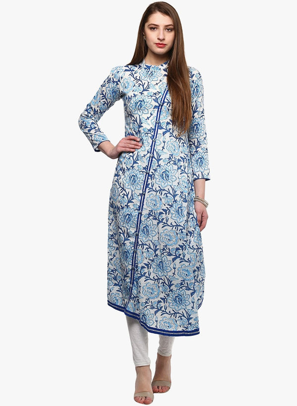 Women's Hand Block Blue And White Printed Angrakha Anarkali - Divena